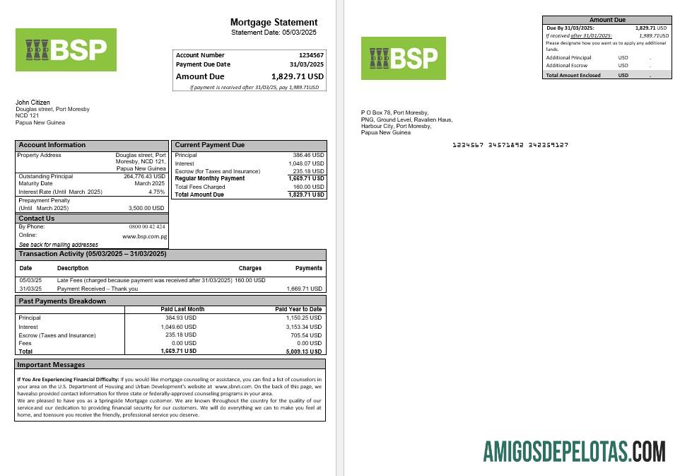 Declaração de hipoteca BSP de Papua Nova Guiné em formatos Word e PDF exemplo
